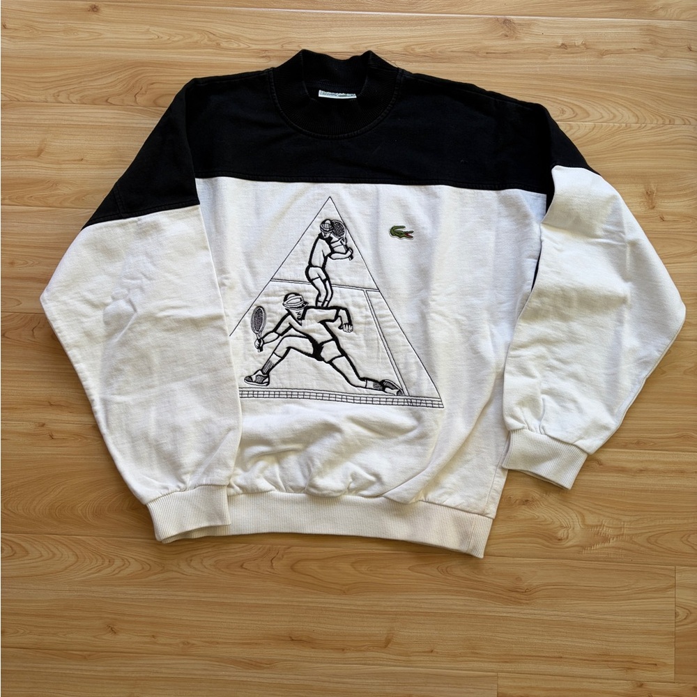 Lacoste Embroidered Tennis Crewneck Sweatshirt in Black and White